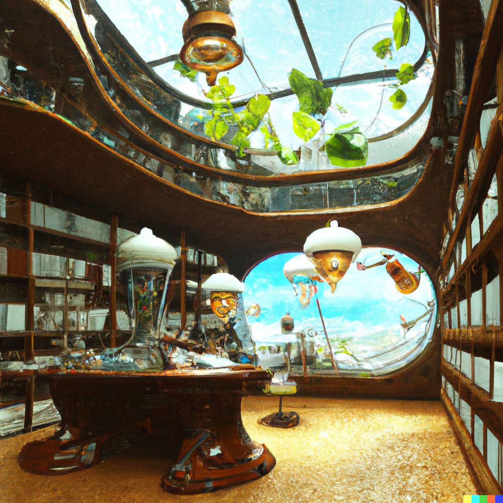 DALL·E 2022-12-13 13.40.57 - library, future, space, hyperrealism, happy, digital art, steampunk, alcohol, plants, large open space - libi kotchubievsky
